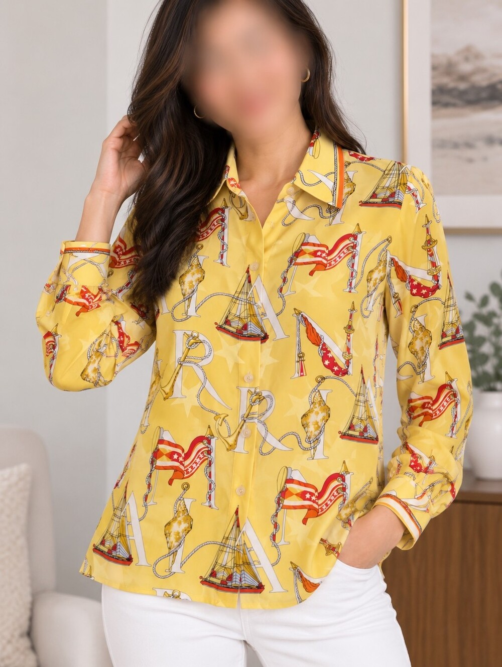Starington 100% Silk Yellow Nautical Print Blouse Shirt Size 6 Vintage Style